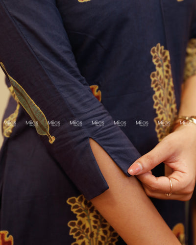 South Cotton Dress Kurti | Shirt Collar + Pleats + Pocket | Navy Blue