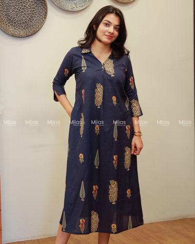 South Cotton Dress Kurti | Shirt Collar + Pleats + Pocket | Navy Blue