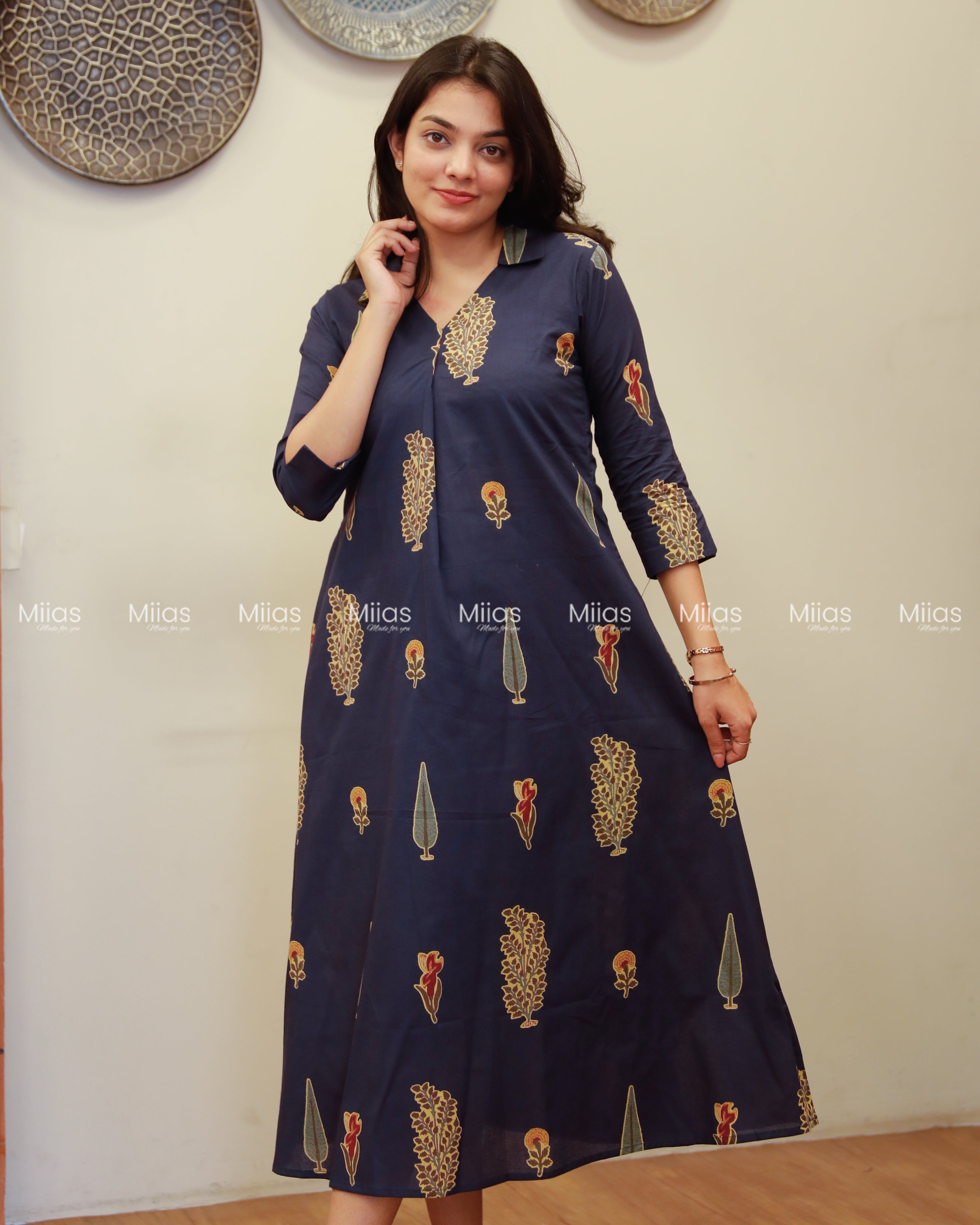 South Cotton Dress Kurti | Shirt Collar + Pleats + Pocket | Navy Blue