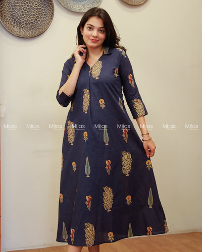 South Cotton Dress Kurti | Shirt Collar + Pleats + Pocket | Navy Blue