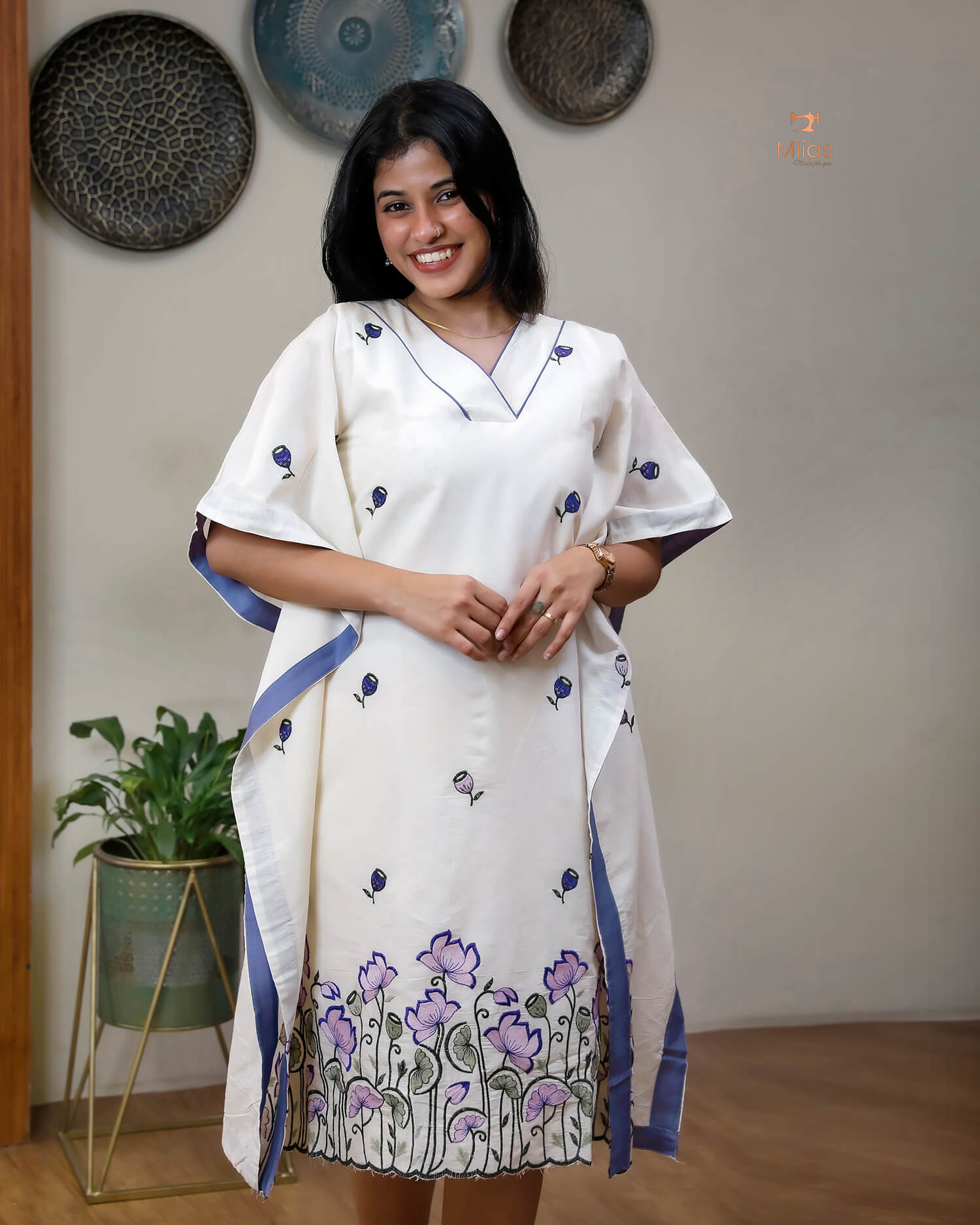 Embroidered Cotton Kaftan Dress – Relaxed V-Neck Resort Wear