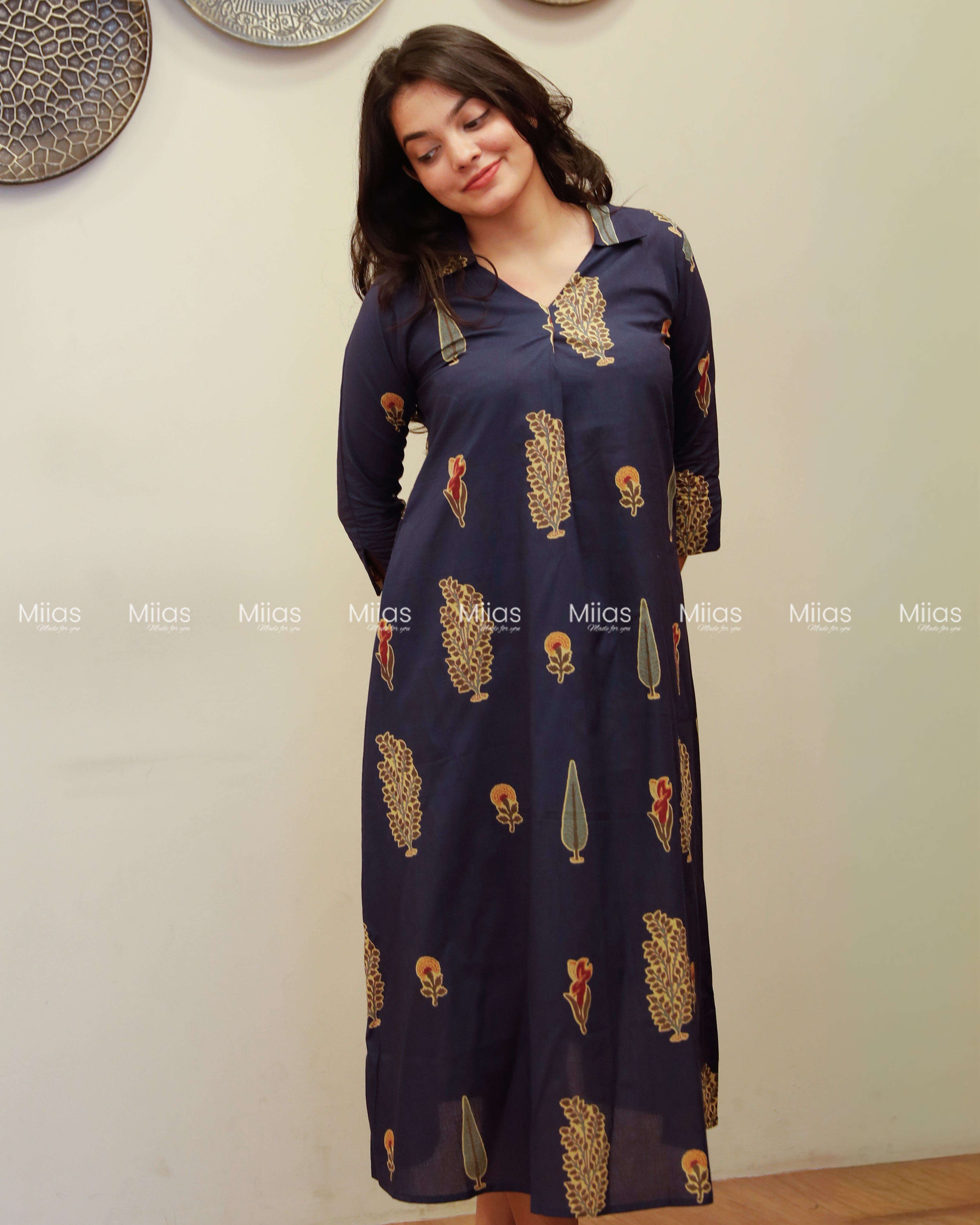 South Cotton Dress Kurti | Shirt Collar + Pleats + Pocket | Navy Blue