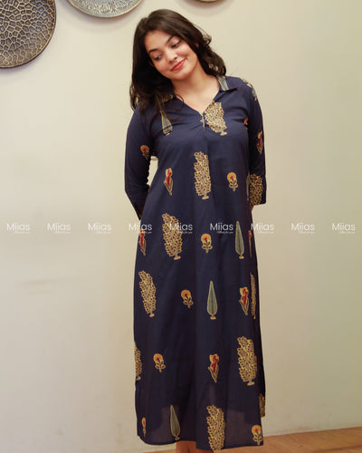 South Cotton Dress Kurti | Shirt Collar + Pleats + Pocket | Navy Blue