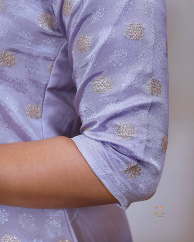 Tissue Jacquard Co-ord Set: Printed Top & Matching Crepe Bottoms-Pastel Lavender.
