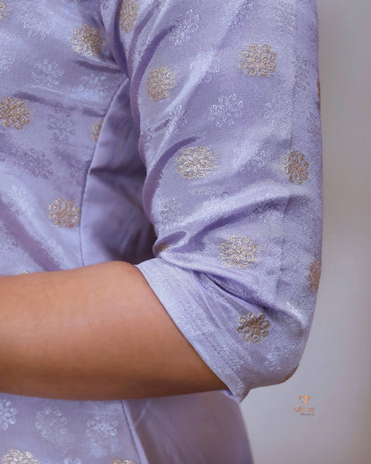 Tissue Jacquard Co-ord Set: Printed Top & Matching Crepe Bottoms-Pastel Lavender.
