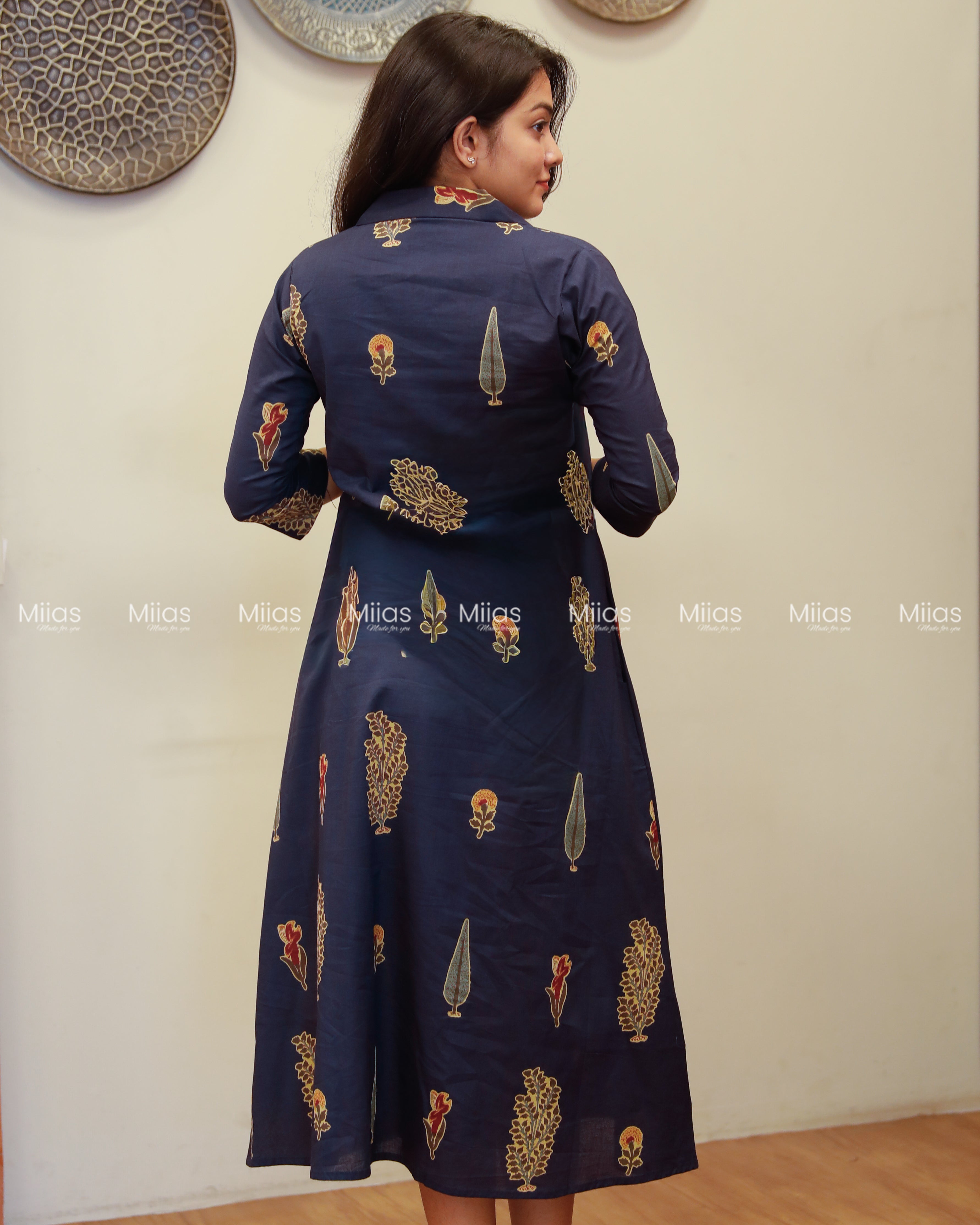 South Cotton Dress Kurti | Shirt Collar + Pleats + Pocket | Navy Blue