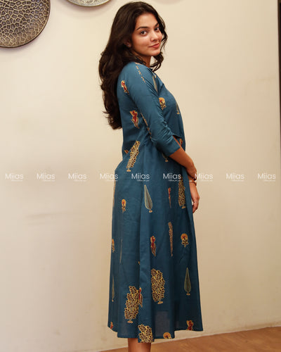 South Cotton Dress Kurti | Shirt Collar + Pleats + Pocket | Teal Blue