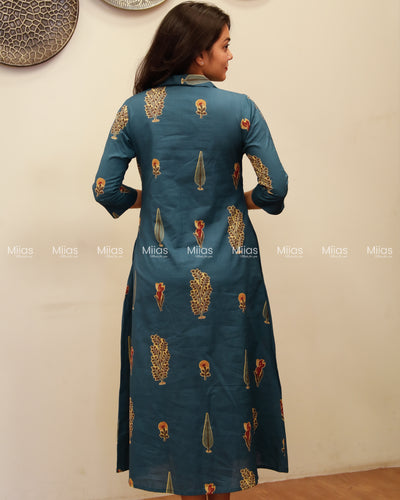 South Cotton Dress Kurti | Shirt Collar + Pleats + Pocket | Teal Blue