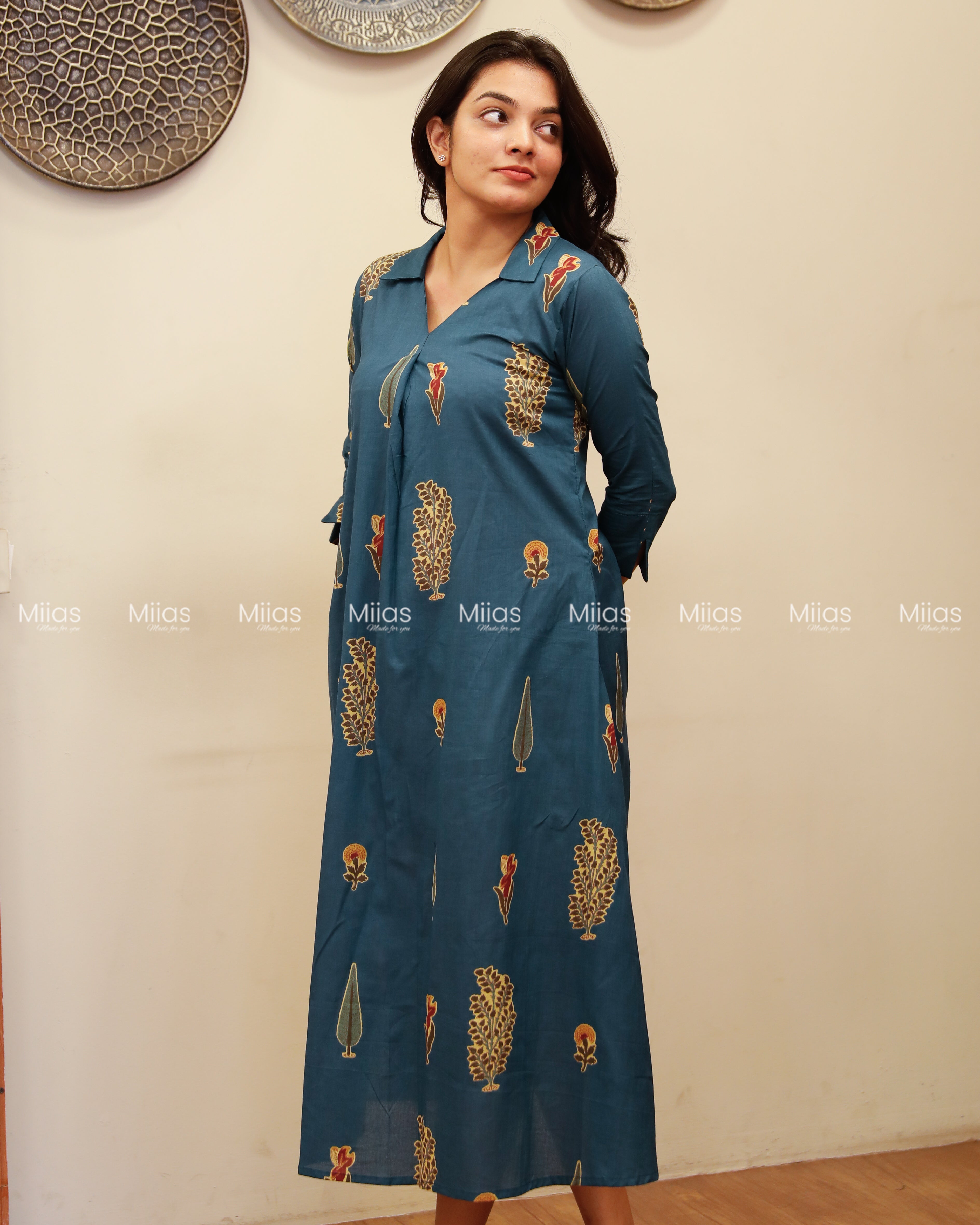 South Cotton Dress Kurti | Shirt Collar + Pleats + Pocket | Teal Blue
