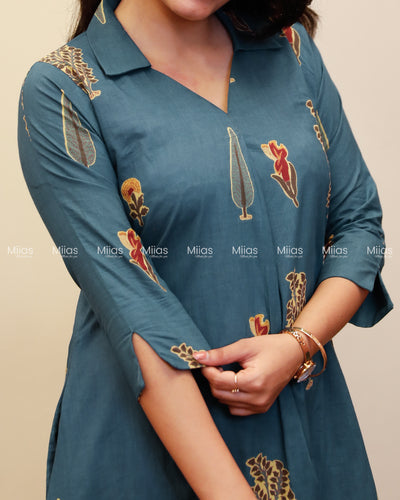 South Cotton Dress Kurti | Shirt Collar + Pleats + Pocket | Teal Blue