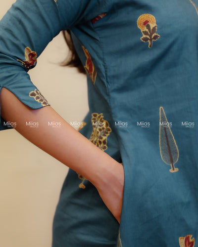 South Cotton Dress Kurti | Shirt Collar + Pleats + Pocket | Teal Blue