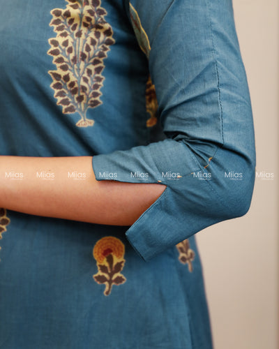 South Cotton Dress Kurti | Shirt Collar + Pleats + Pocket | Teal Blue