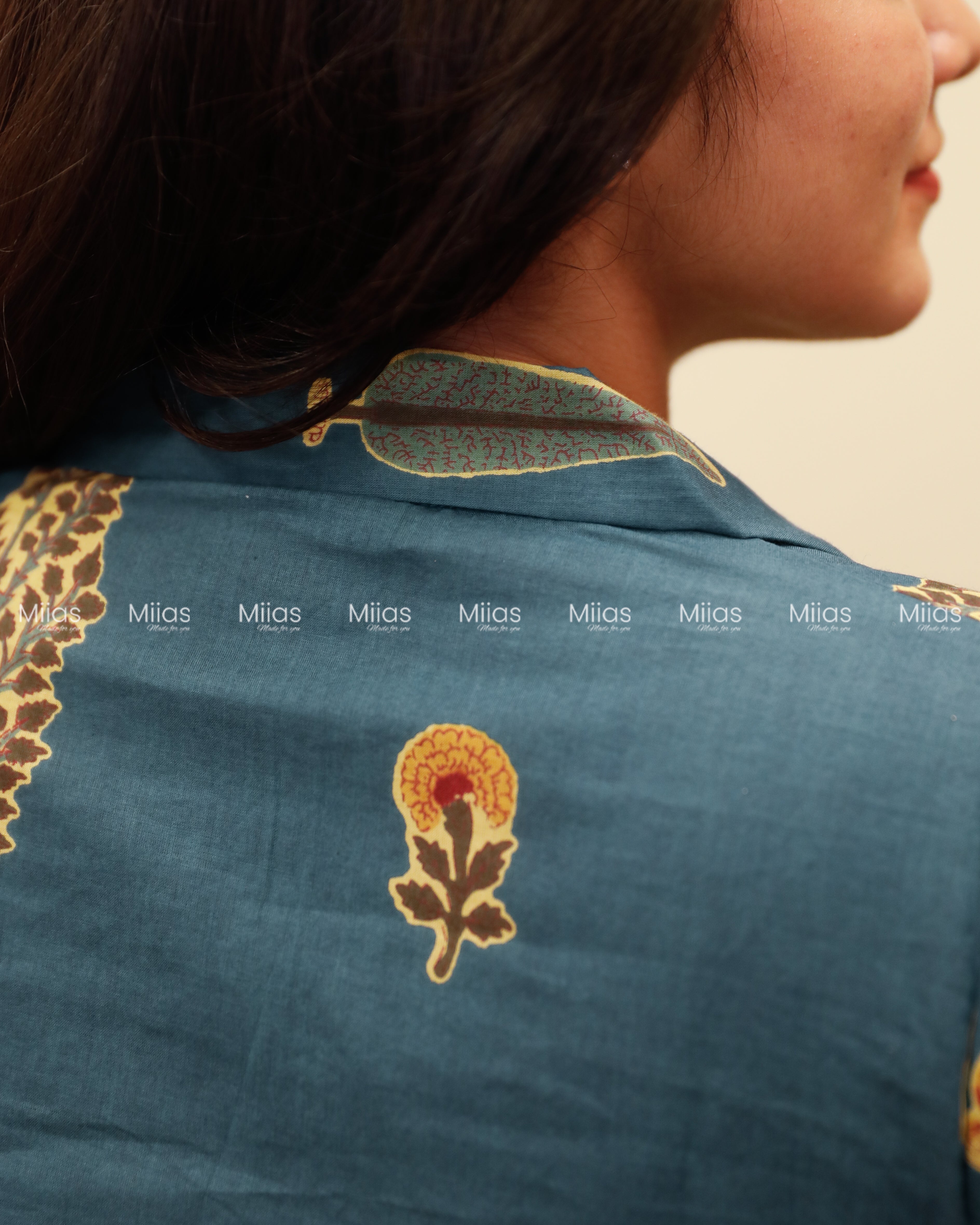 South Cotton Dress Kurti | Shirt Collar + Pleats + Pocket | Teal Blue