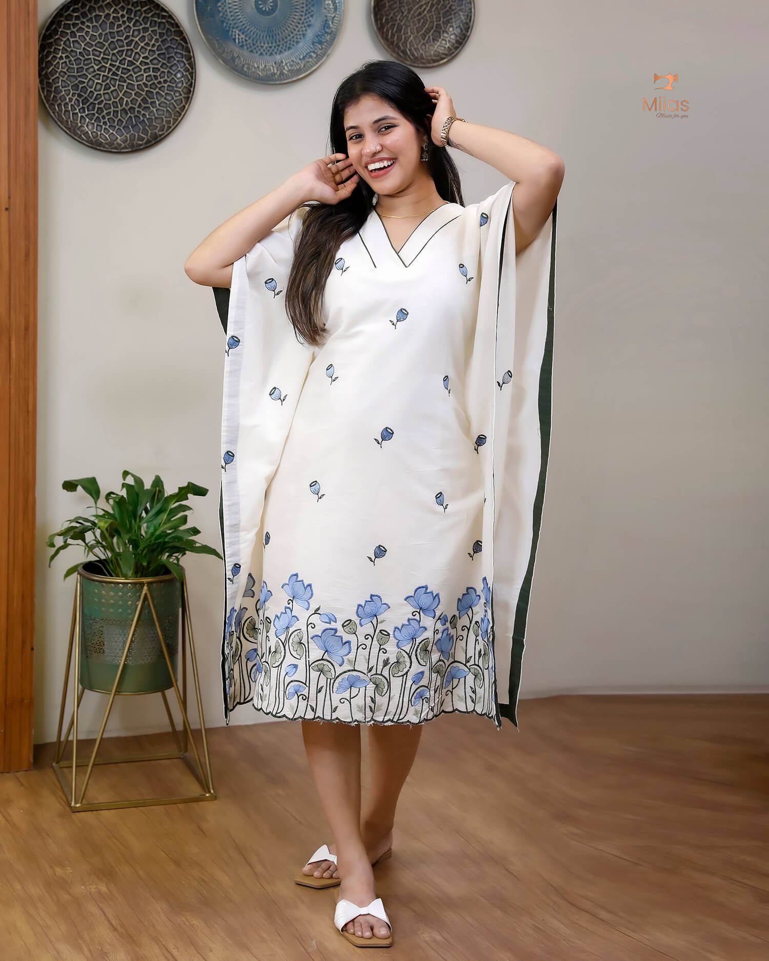Embroidered Cotton Kaftan Dress – Relaxed V-Neck Resort Wear