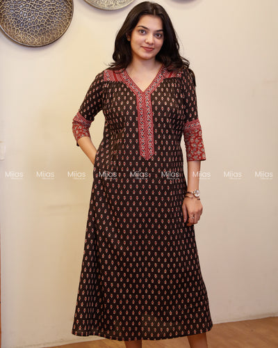 Ajrakh Cotton Dress Kurti | V-Neck + Pleats + Pocket | Black
