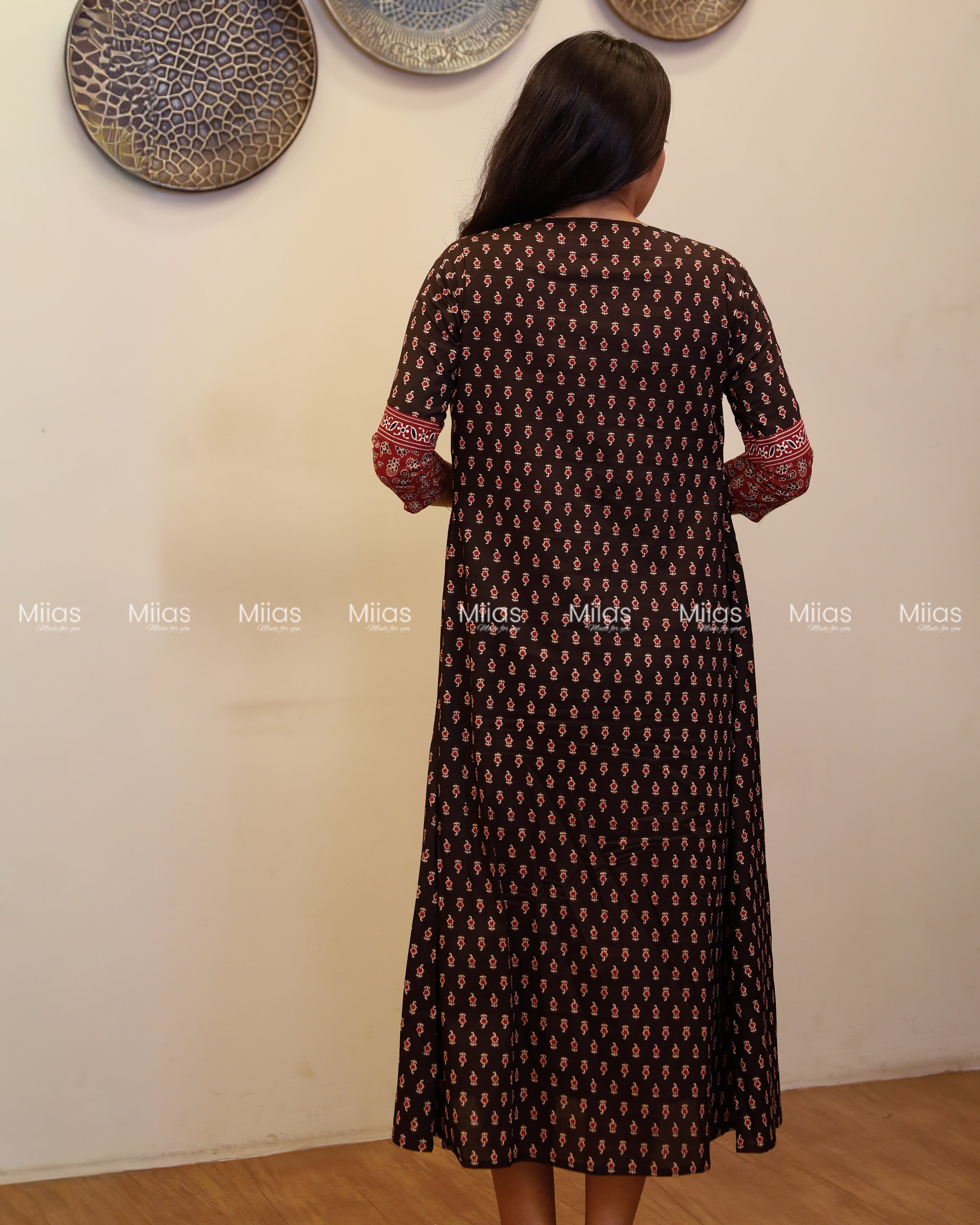 Ajrakh Cotton Dress Kurti | V-Neck + Pleats + Pocket | Black