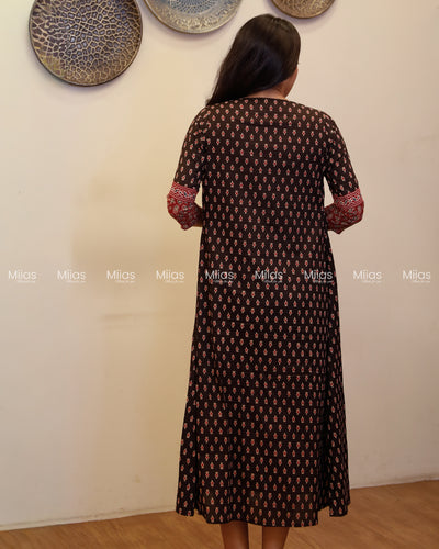 Ajrakh Cotton Dress Kurti | V-Neck + Pleats + Pocket | Black