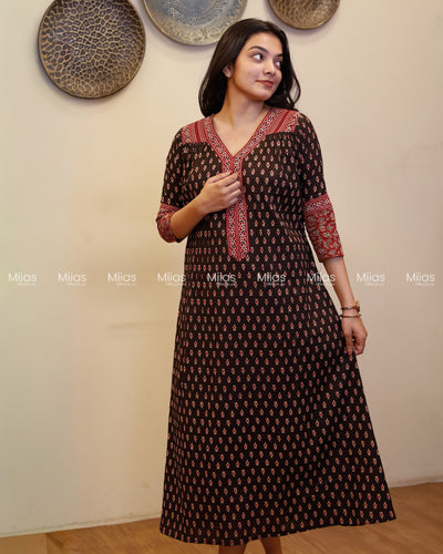 Ajrakh Cotton Dress Kurti | V-Neck + Pleats + Pocket | Black