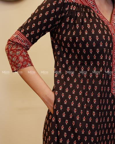 Ajrakh Cotton Dress Kurti | V-Neck + Pleats + Pocket | Black