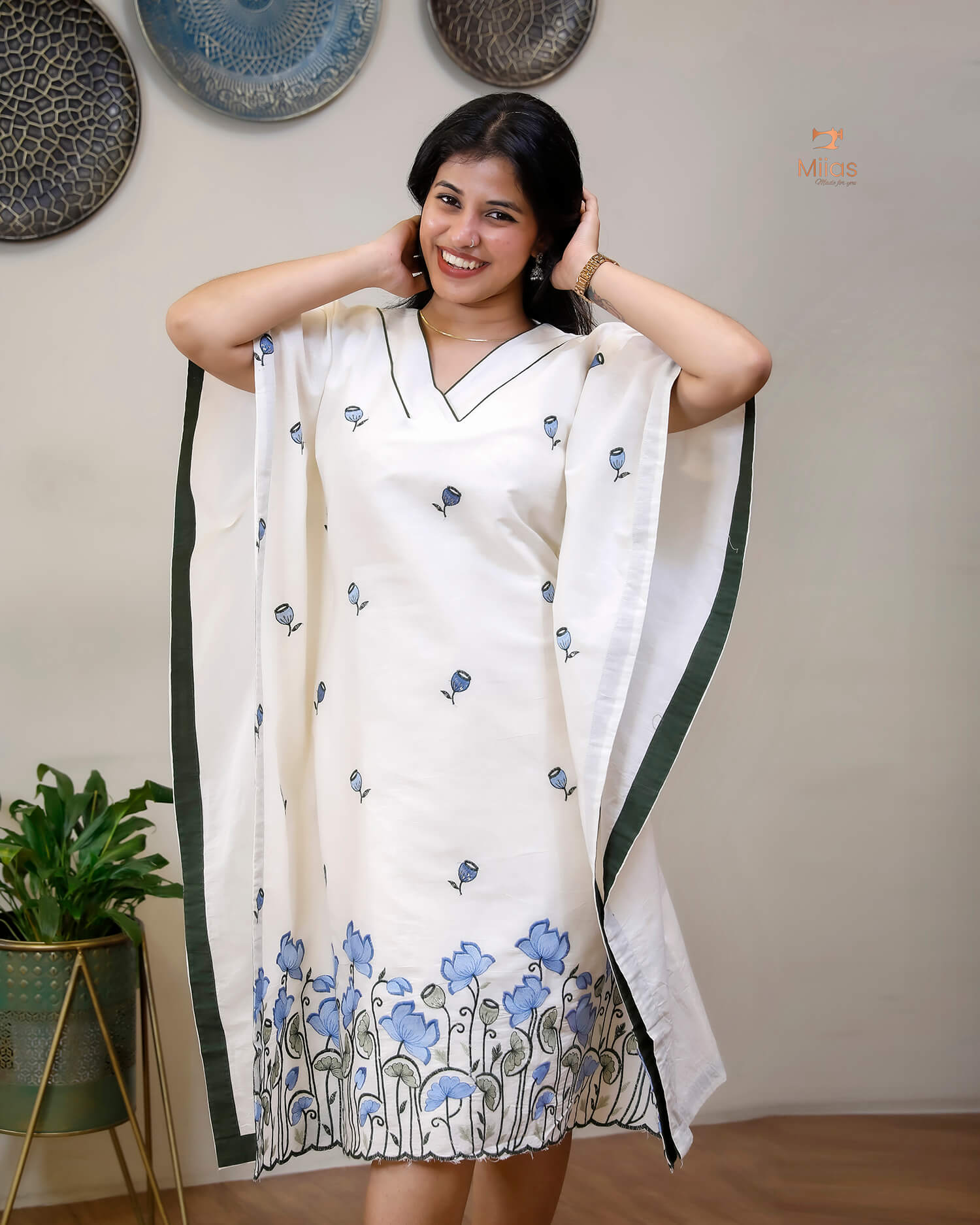 Embroidered Cotton Kaftan Dress – Relaxed V-Neck Resort Wear