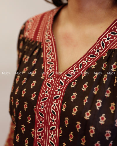 Ajrakh Cotton Dress Kurti | V-Neck + Pleats + Pocket | Black