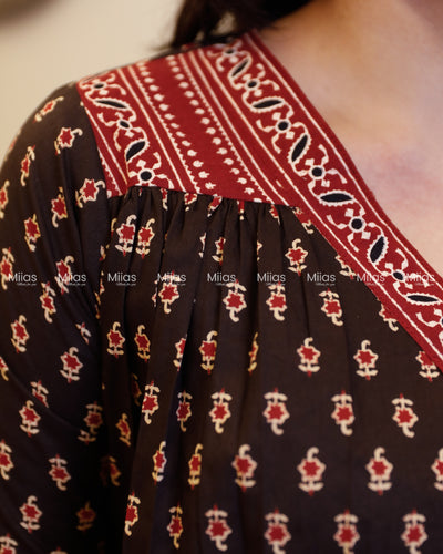Ajrakh Cotton Dress Kurti | V-Neck + Pleats + Pocket | Black