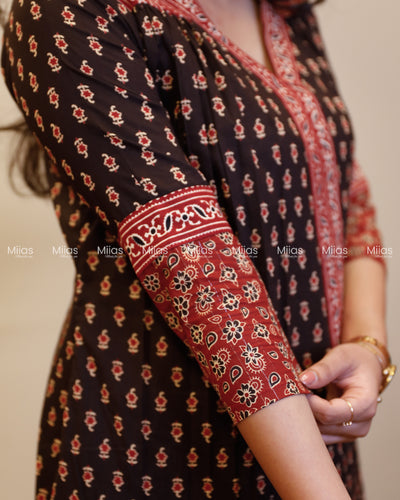 Ajrakh Cotton Dress Kurti | V-Neck + Pleats + Pocket | Black