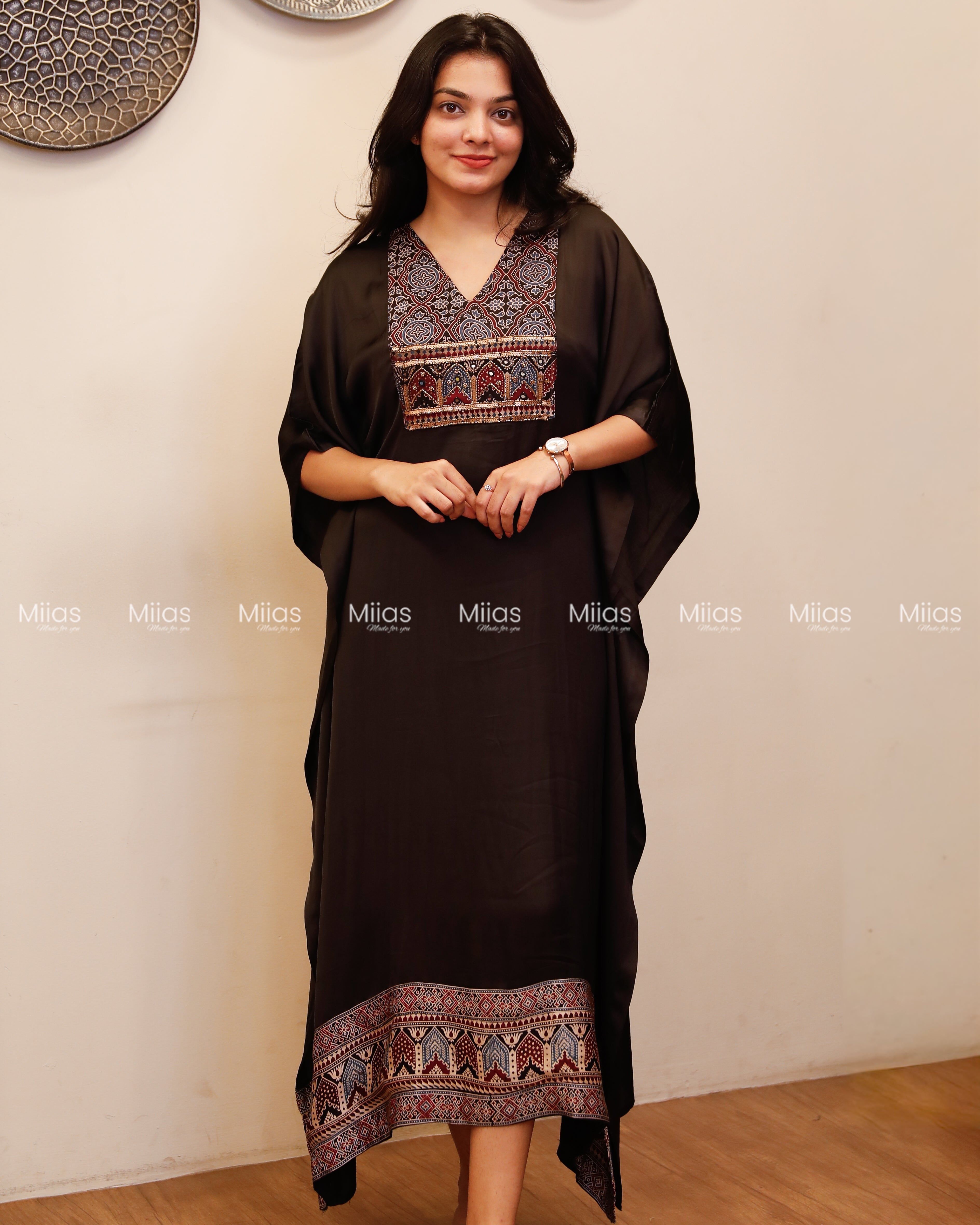 Modal Silk Kaftan | Ajrakh Beaded Yoke + Border Hem | Black