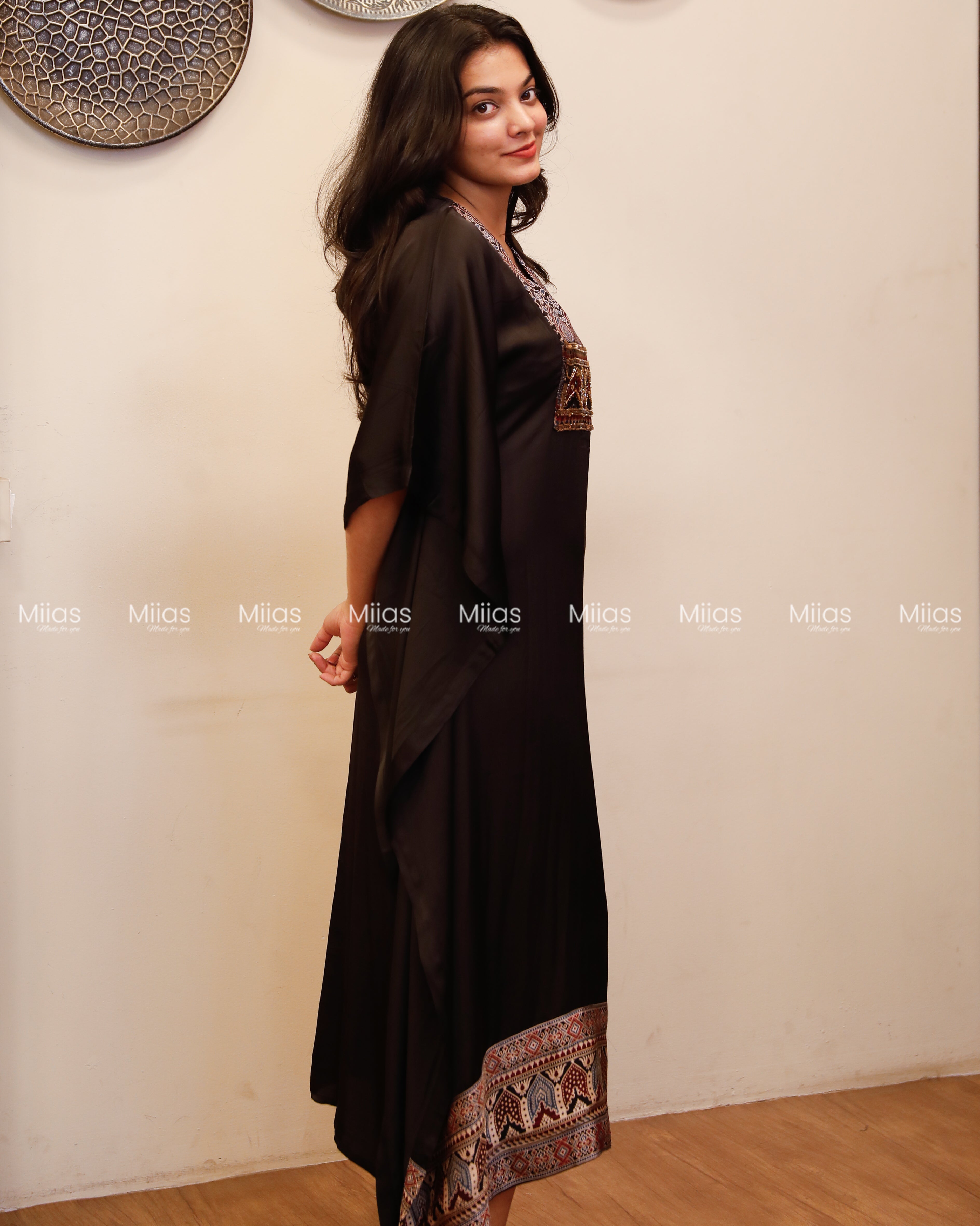 Modal Silk Kaftan | Ajrakh Beaded Yoke + Border Hem | Black