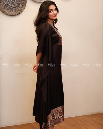 Modal Silk Kaftan | Ajrakh Beaded Yoke + Border Hem | Black