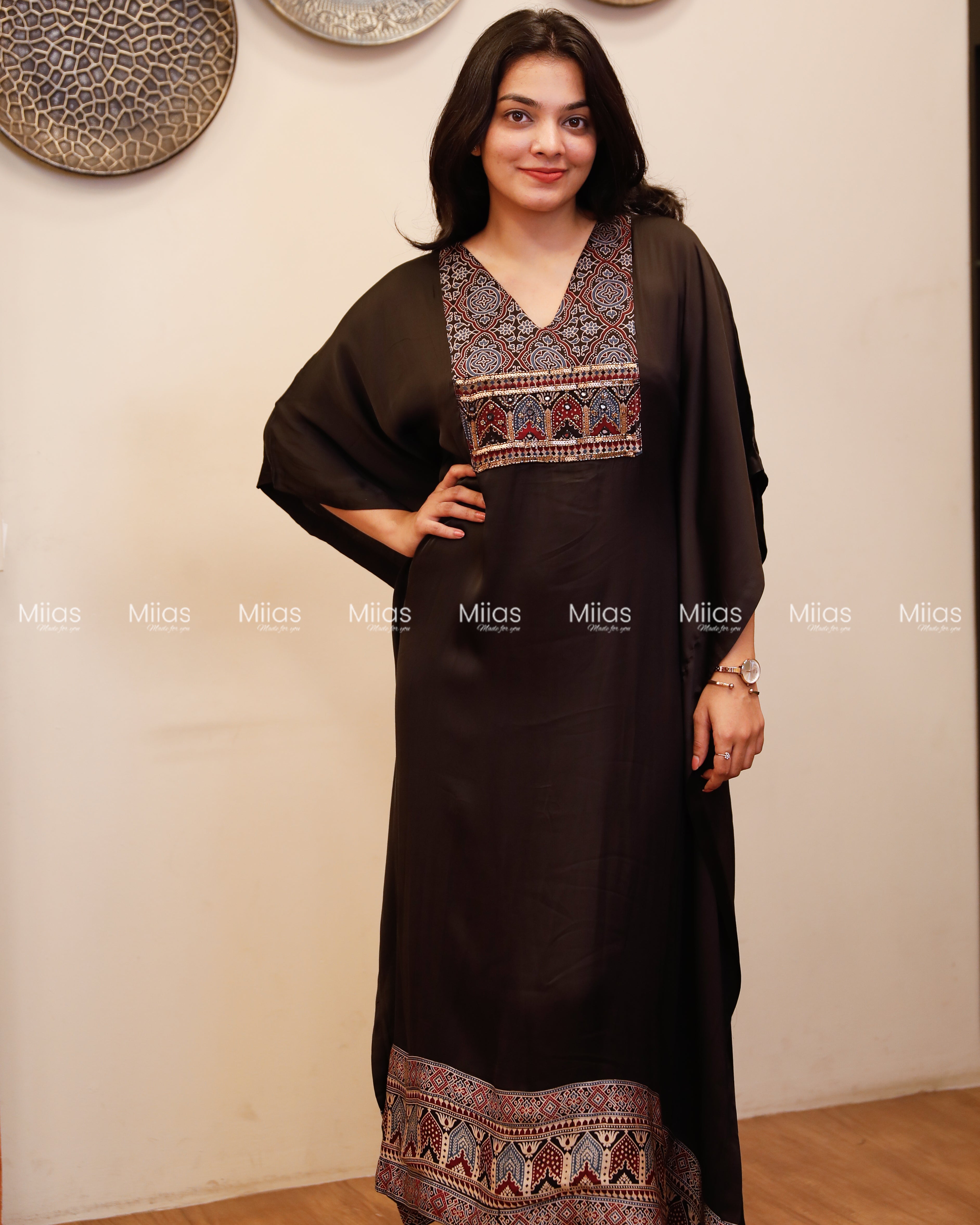 Modal Silk Kaftan | Ajrakh Beaded Yoke + Border Hem | Black