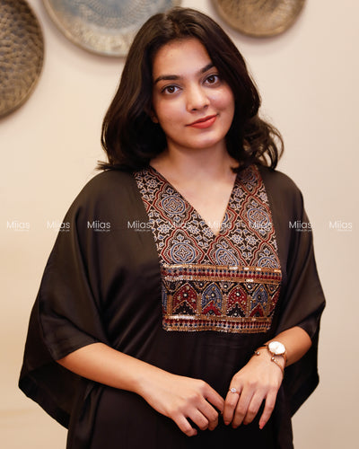 Modal Silk Kaftan | Ajrakh Beaded Yoke + Border Hem | Black