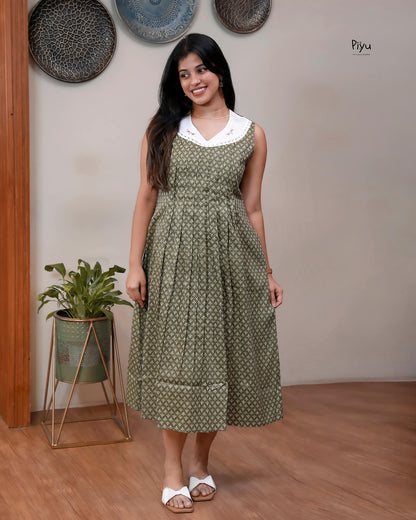Cotton Maternity Dress with Nursing Access & Lace-Olive Green
