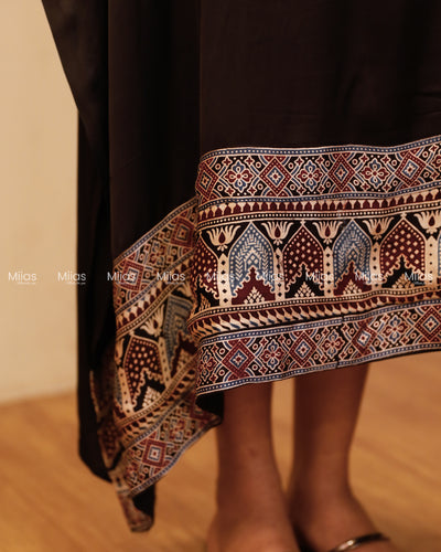 Modal Silk Kaftan | Ajrakh Beaded Yoke + Border Hem | Black