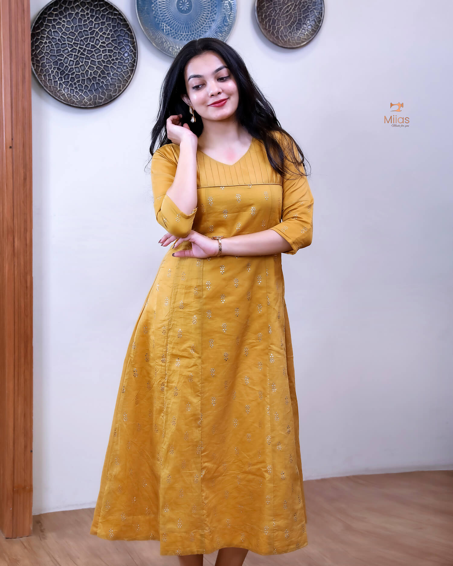 Mul Chanderi Kurti: Golden Mukesh Work, Printed Panel, Pintuck Neckline-Mustard Yellow.