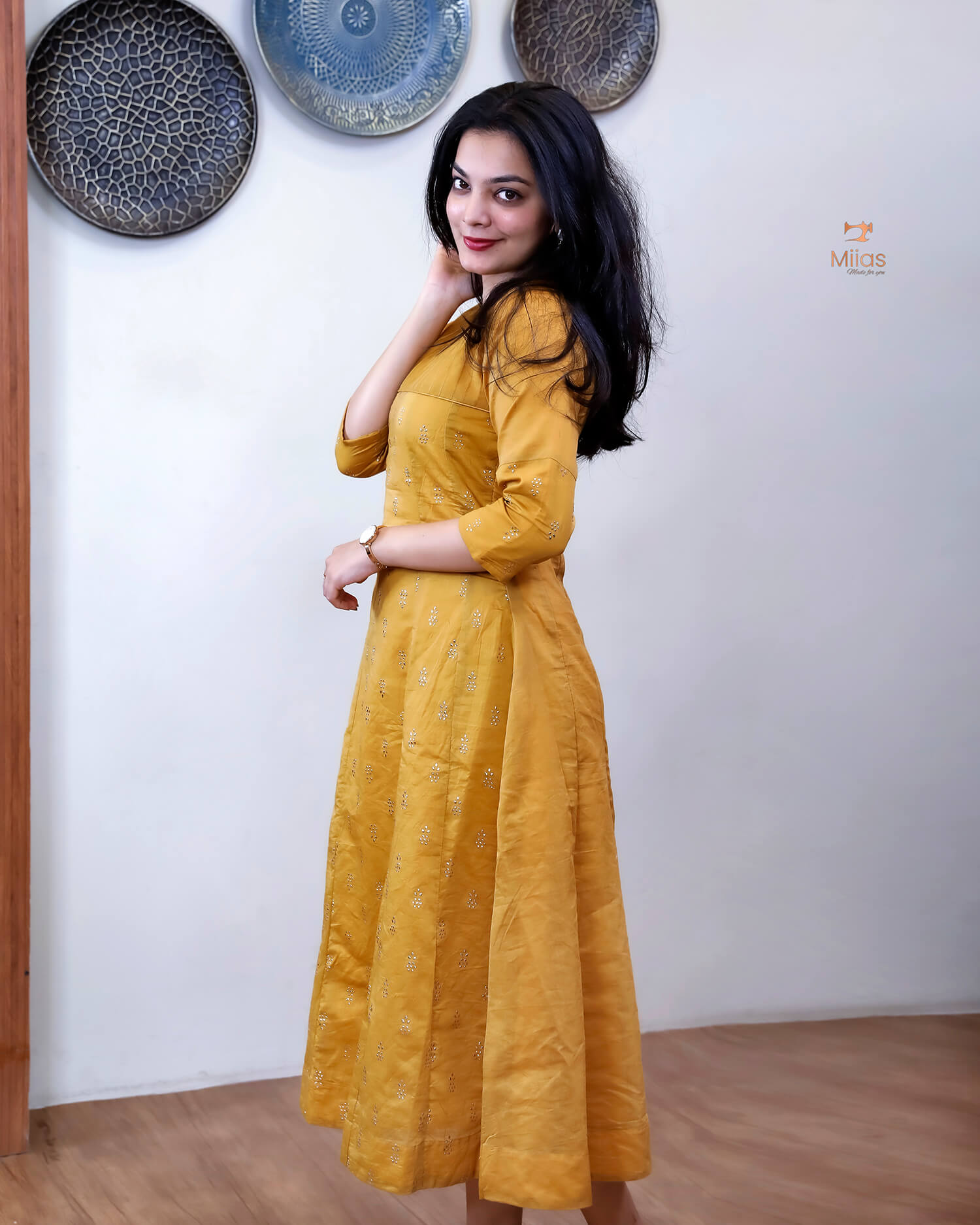 Mul Chanderi Kurti: Golden Mukesh Work, Printed Panel, Pintuck Neckline-Mustard Yellow.