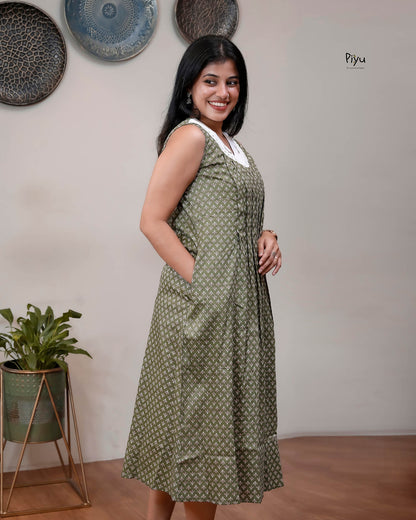 Cotton Maternity Dress with Nursing Access & Lace-Olive Green