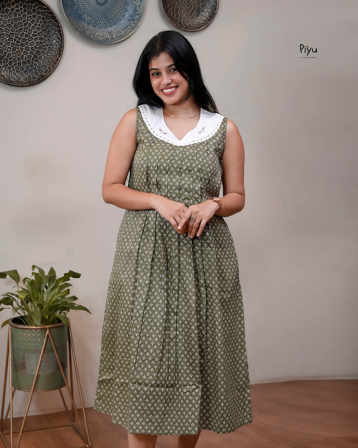 Cotton Maternity Dress with Nursing Access & Lace-Olive Green