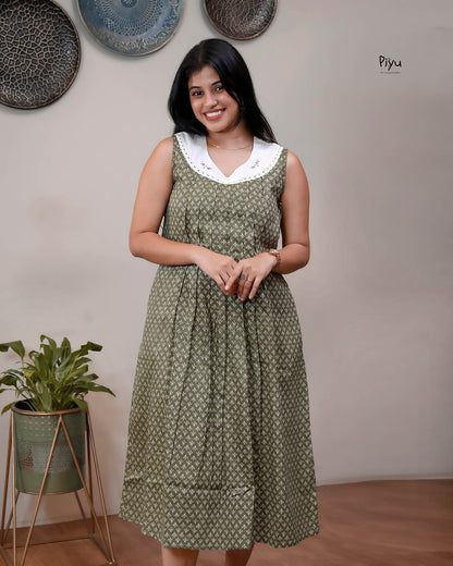 Cotton Maternity Dress with Nursing Access & Lace-Olive Green