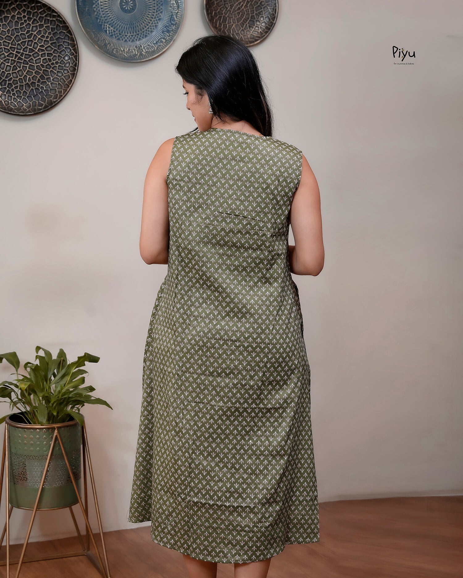 Cotton Maternity Dress with Nursing Access & Lace-Olive Green