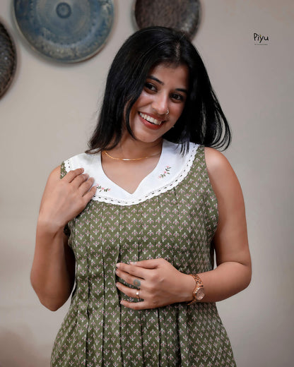 Cotton Maternity Dress with Nursing Access & Lace-Olive Green