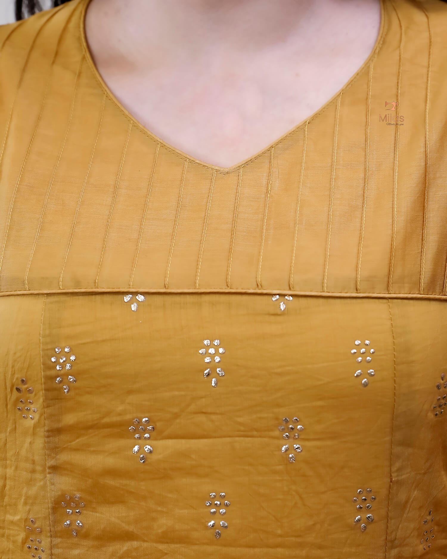 Mul Chanderi Kurti: Golden Mukesh Work, Printed Panel, Pintuck Neckline-Mustard Yellow.