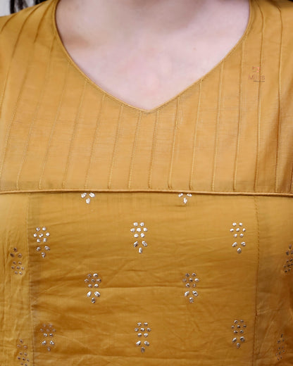 Mul Chanderi Kurti: Golden Mukesh Work, Printed Panel, Pintuck Neckline-Mustard Yellow.