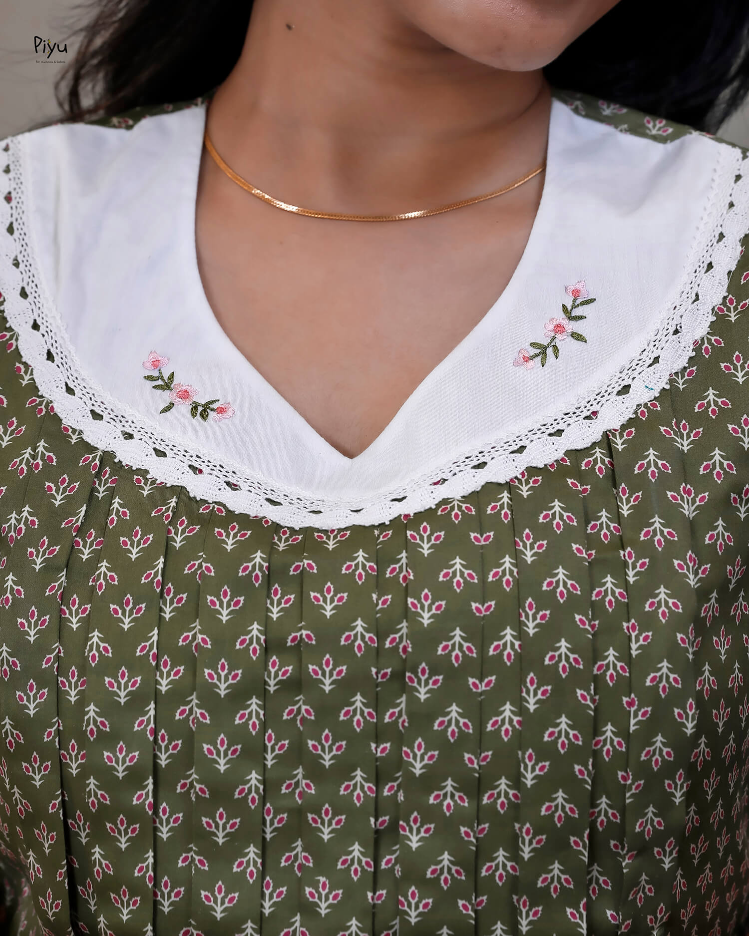 Cotton Maternity Dress with Nursing Access & Lace-Olive Green