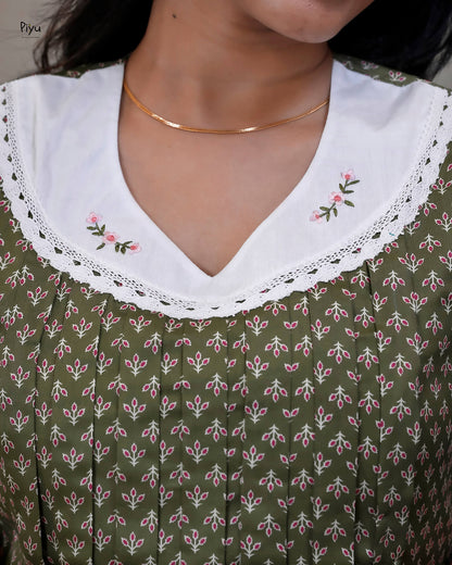 Cotton Maternity Dress with Nursing Access & Lace-Olive Green