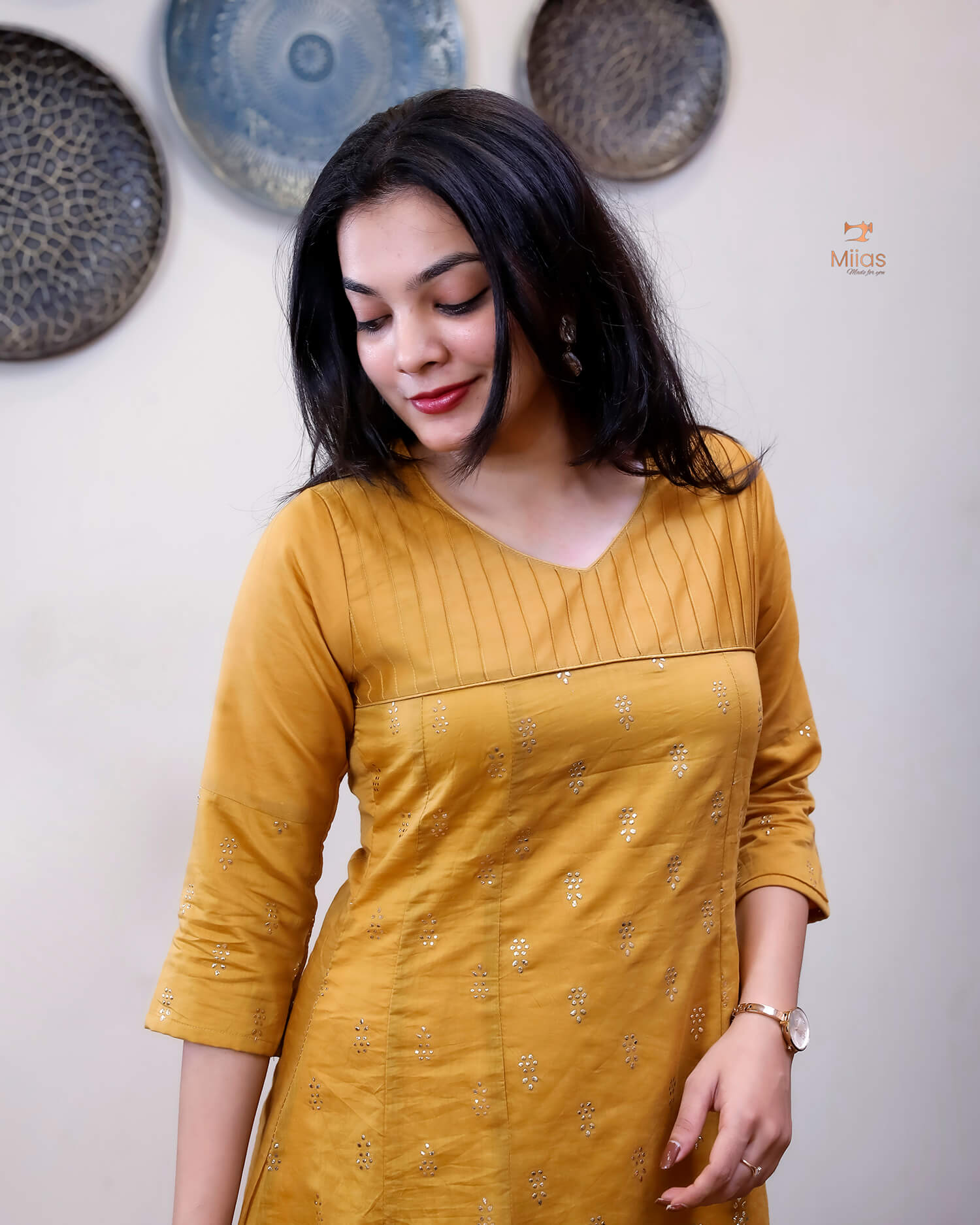 Mul Chanderi Kurti: Golden Mukesh Work, Printed Panel, Pintuck Neckline-Mustard Yellow.