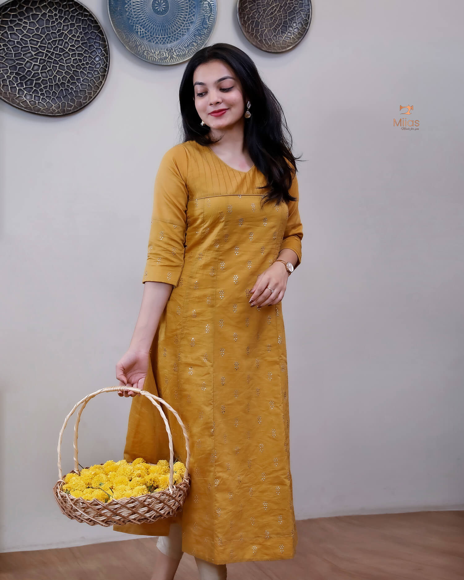 Mul Chanderi Kurti: Golden Mukesh Work, Printed Panel, Pintuck Neckline-Mustard Yellow.