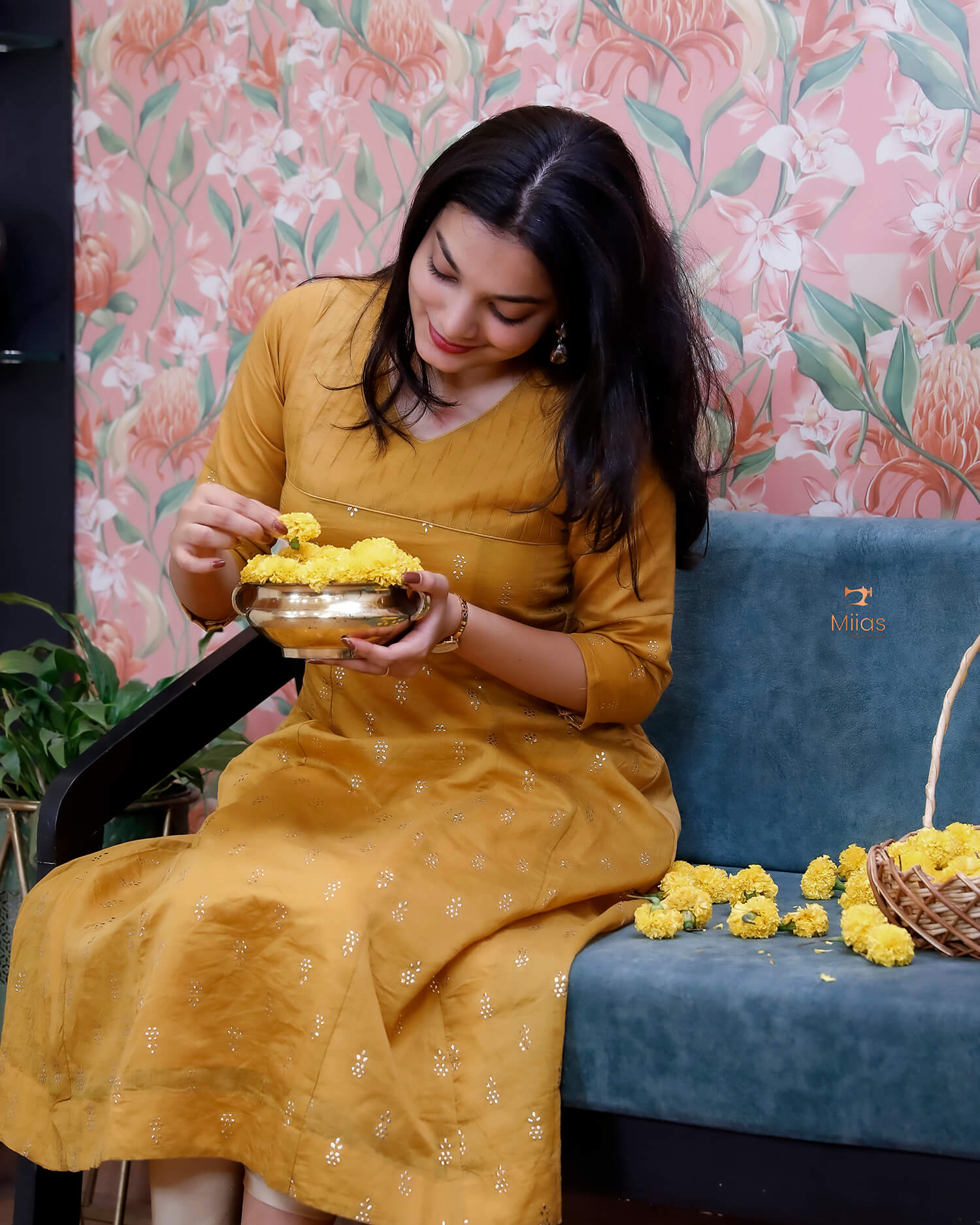 Mul Chanderi Kurti: Golden Mukesh Work, Printed Panel, Pintuck Neckline-Mustard Yellow.
