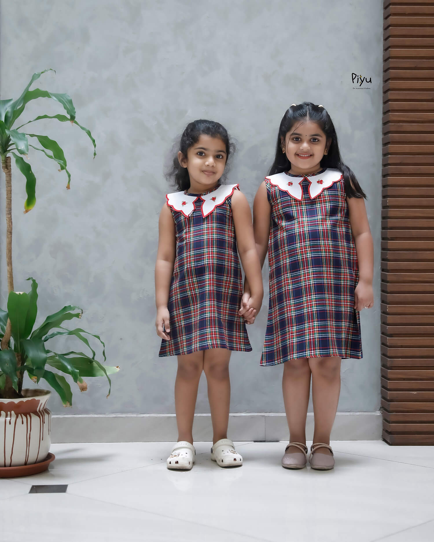 Soft Cotton A-Line Frock with Scalloped Embroidered Collar-Plaid.