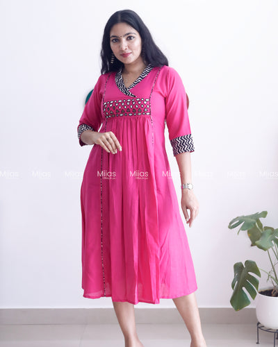Cotton 3-Panel Kurti | Mirror Yoke + Contrast Neckline | Pink